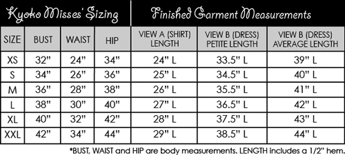 Kyoko Misses' Sizing Chart