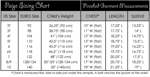 Paige Sizing Chart